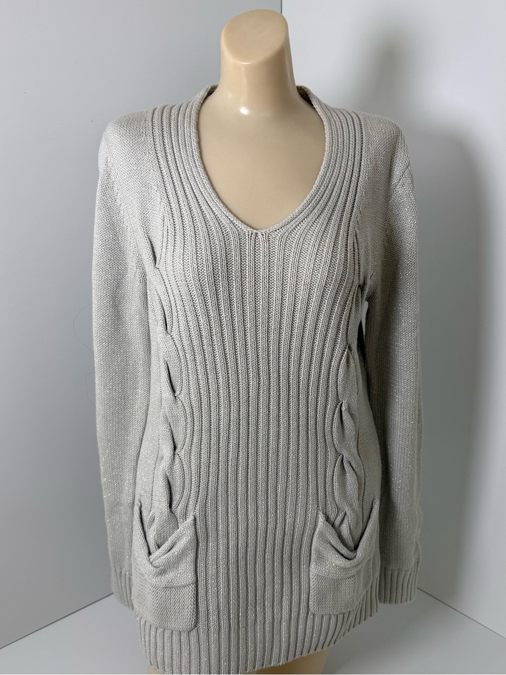 Three Sixty Five Andrea Jovine Silver Metallic Knit V-Neck Tunic Sweater M